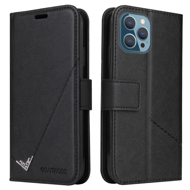 GQ.UTROBE Para iPhone 14 Pro Capa de Telefone de Couro PU Resistente a Arranhões Carteira Stand Cover com Decoração Retangular de Metal - Preto