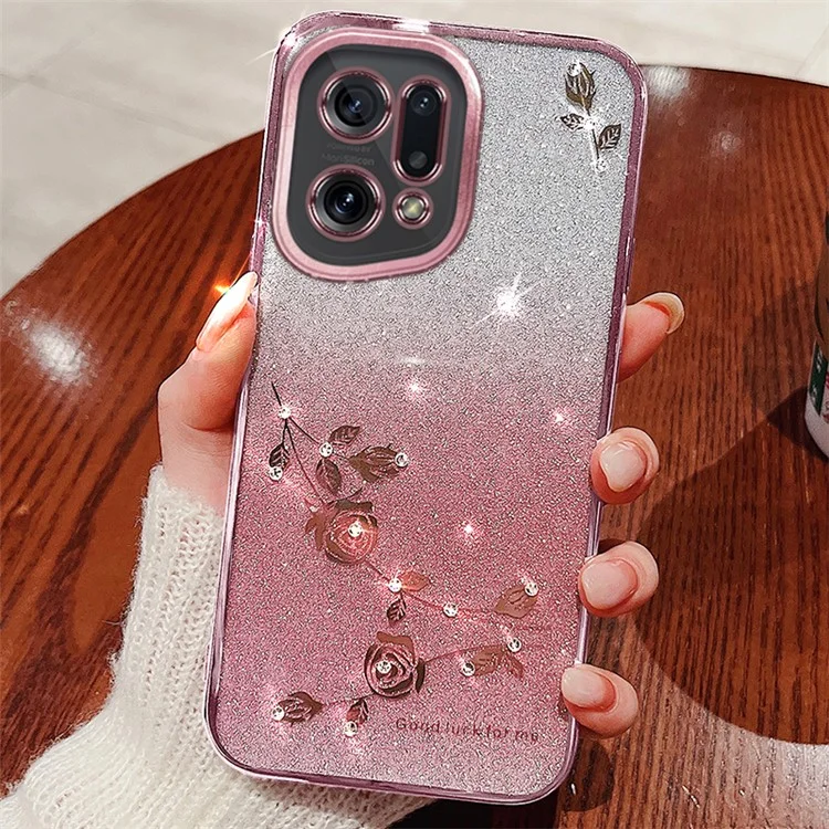 KADEM TPU Phone Case for Oppo Find X5, Flower Pattern Rhinestone Gradient Color Glitter Powder Back Cover - Rose Gold