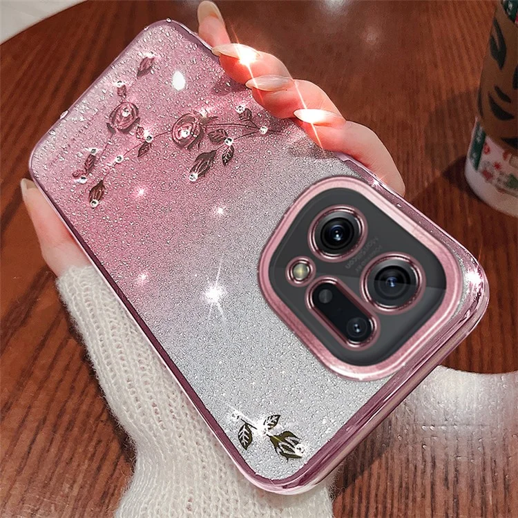 KADEM TPU-Handyhülle für Oppo Find X5, Blumen-Muster Rhinestone Gradient Color Glitter Powder Rückseite - Roségold