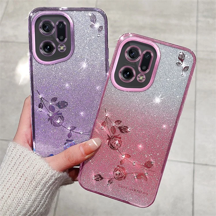 KADEM TPU Phone Case for Oppo Find X5, Flower Pattern Rhinestone Gradient Color Glitter Powder Back Cover - Rose Gold