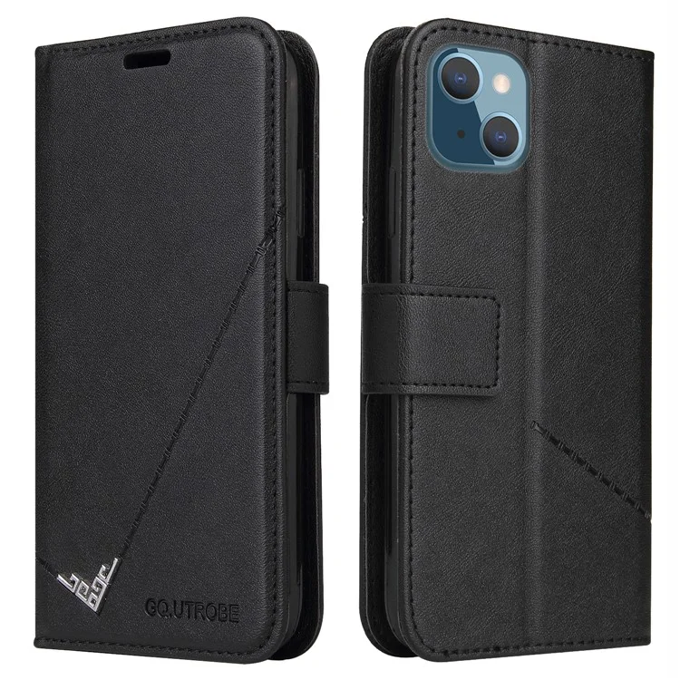 GQ.UTROBE Pour iPhone 14 Housse de téléphone en métal rectangulaire avec décoration en cuir PU Fermeture magnétique Porte-cartes et support - Noir