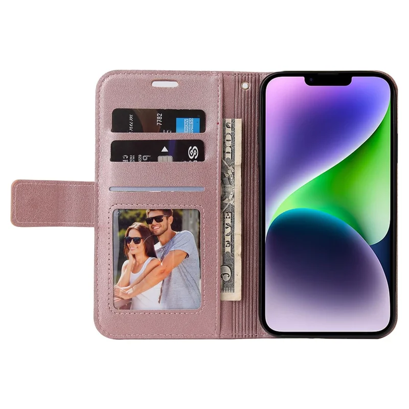 GQ.UTROBE For iPhone 14 Rectangular Metal Decor PU Leather Case Magnetic Clasp Phone Wallet Stand Cover - Rose Gold