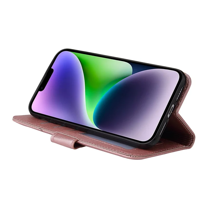 GQ.UTROBE For iPhone 14 Rectangular Metal Decor PU Leather Case Magnetic Clasp Phone Wallet Stand Cover - Rose Gold