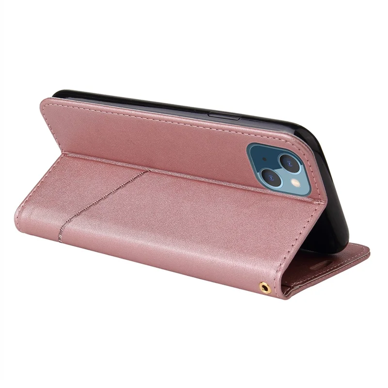 GQ.UTROBE For iPhone 14 Rectangular Metal Decor PU Leather Case Magnetic Clasp Phone Wallet Stand Cover - Rose Gold