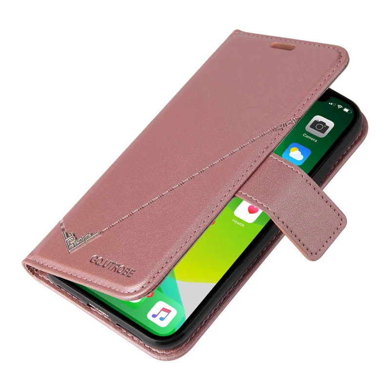 GQ.UTROBE For iPhone 14 Rectangular Metal Decor PU Leather Case Magnetic Clasp Phone Wallet Stand Cover - Rose Gold