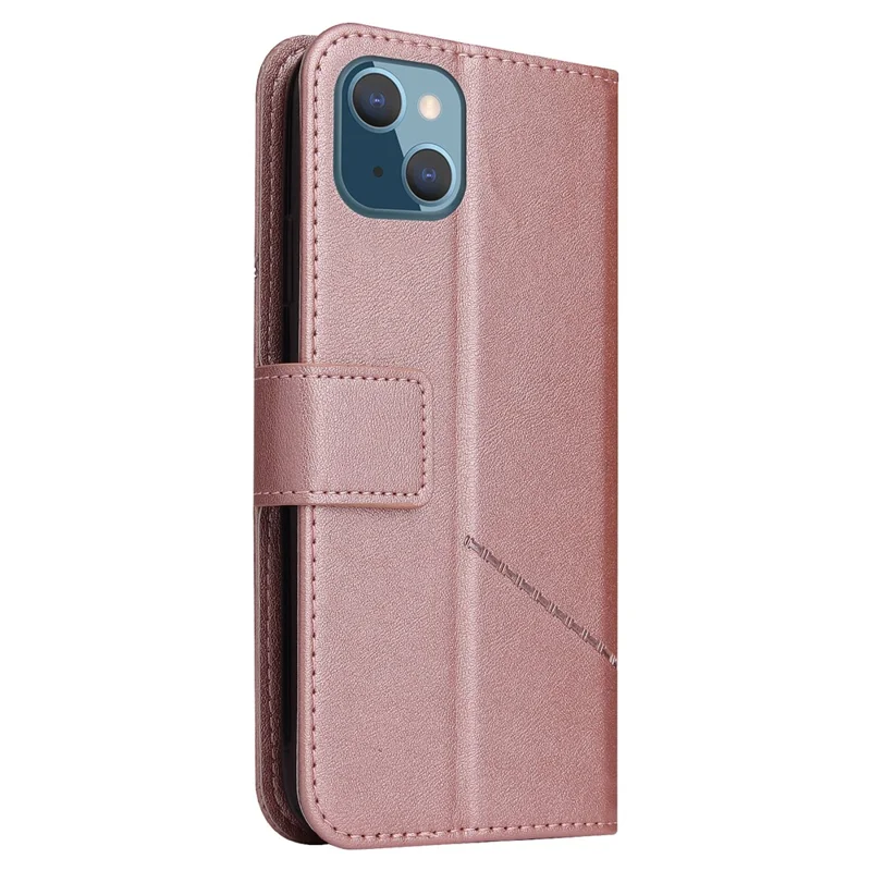 GQ.UTROBE For iPhone 14 Rectangular Metal Decor PU Leather Case Magnetic Clasp Phone Wallet Stand Cover - Rose Gold