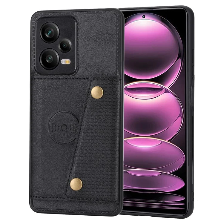 Pour Xiaomi Redmi Note 12 Pro 5G Kickstand PU Leather Coated TPU Case Dual Button Card Slots Phone Cover with Car Mount Metal Sheet - Noir