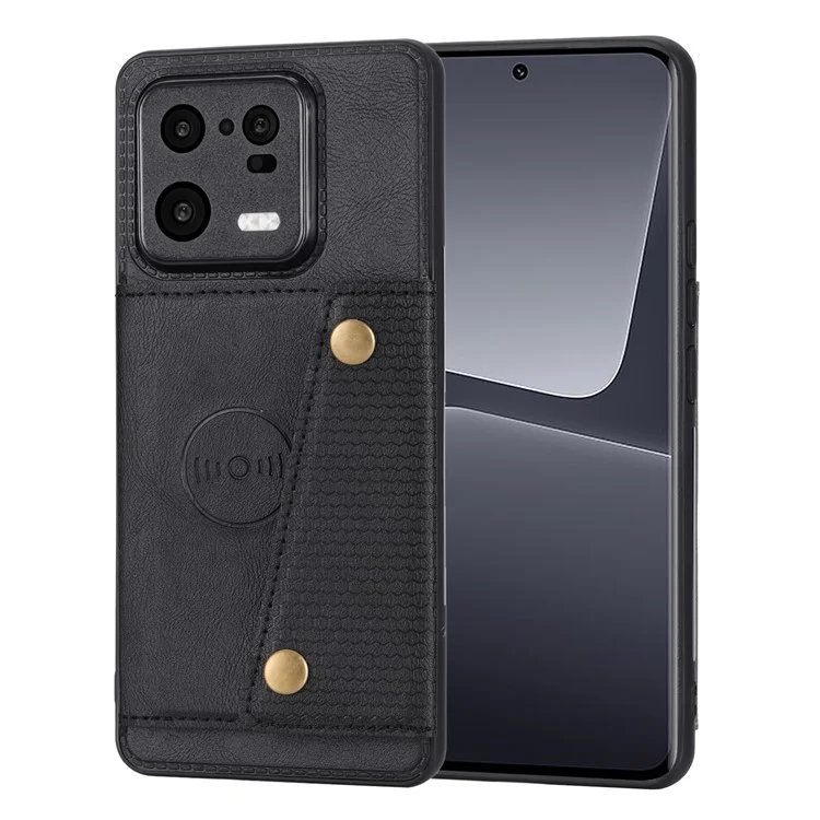 Para Xiaomi 13 5G Kickstand Phone Case Dual Button Card Slots Drop-proof PU Leather Coated TPU Case with Built-in Metal Sheet - Preto