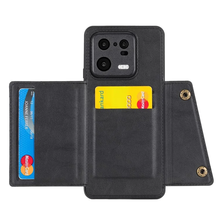 Para Xiaomi 13 5G Kickstand Phone Case Dual Button Card Slots Drop-proof PU Leather Coated TPU Case with Built-in Metal Sheet - Preto