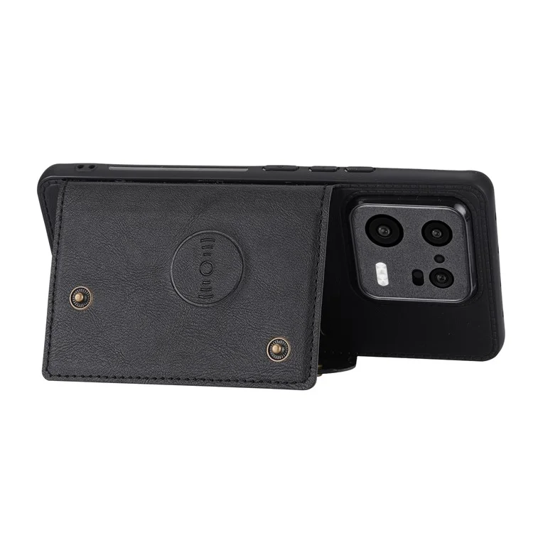 Para Xiaomi 13 5G Kickstand Phone Case Dual Button Card Slots Drop-proof PU Leather Coated TPU Case with Built-in Metal Sheet - Preto