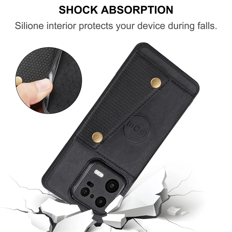 Para Xiaomi 13 5G Kickstand Phone Case Dual Button Card Slots Drop-proof PU Leather Coated TPU Case with Built-in Metal Sheet - Preto