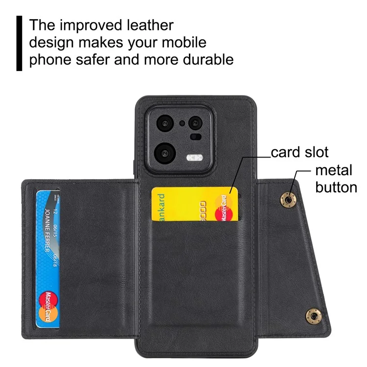 Para Xiaomi 13 5G Kickstand Phone Case Dual Button Card Slots Drop-proof PU Leather Coated TPU Case with Built-in Metal Sheet - Preto