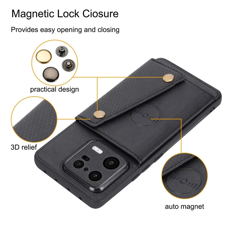 Para Xiaomi 13 5G Kickstand Phone Case Dual Button Card Slots Drop-proof PU Leather Coated TPU Case with Built-in Metal Sheet - Preto