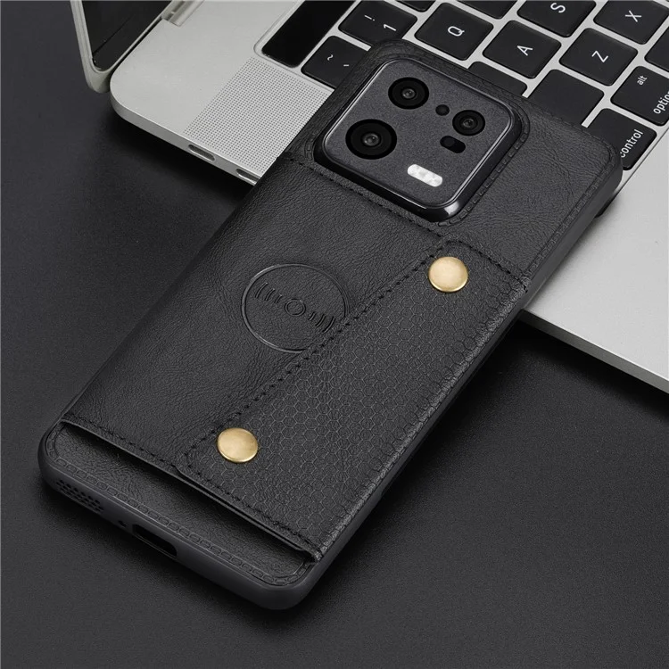 Para Xiaomi 13 5G Kickstand Phone Case Dual Button Card Slots Drop-proof PU Leather Coated TPU Case with Built-in Metal Sheet - Preto
