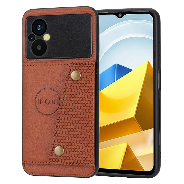 Per Xiaomi Poco M5 4G Dual Button Card Slots Phone Case Supporto magnetico Custodia con rivestimento in pelle e metallo integrato TPU con supporto - Marrone chiaro
