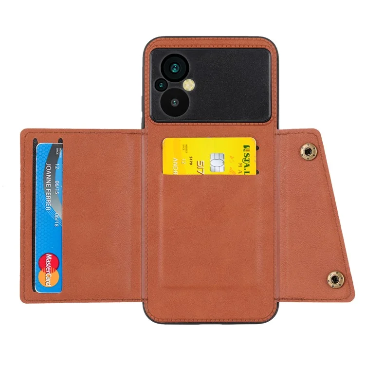 Per Xiaomi Poco M5 4G Dual Button Card Slots Phone Case Supporto magnetico Custodia con rivestimento in pelle e metallo integrato TPU con supporto - Marrone chiaro