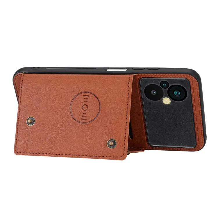 Per Xiaomi Poco M5 4G Dual Button Card Slots Phone Case Supporto magnetico Custodia con rivestimento in pelle e metallo integrato TPU con supporto - Marrone chiaro