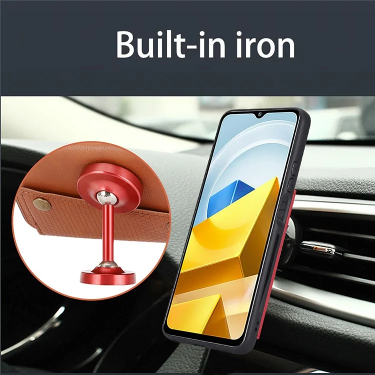 Per Xiaomi Poco M5 4G Dual Button Card Slots Phone Case Supporto magnetico Custodia con rivestimento in pelle e metallo integrato TPU con supporto - Marrone chiaro