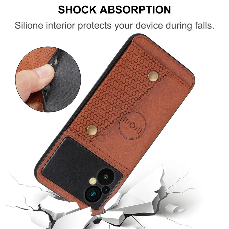 Per Xiaomi Poco M5 4G Dual Button Card Slots Phone Case Supporto magnetico Custodia con rivestimento in pelle e metallo integrato TPU con supporto - Marrone chiaro