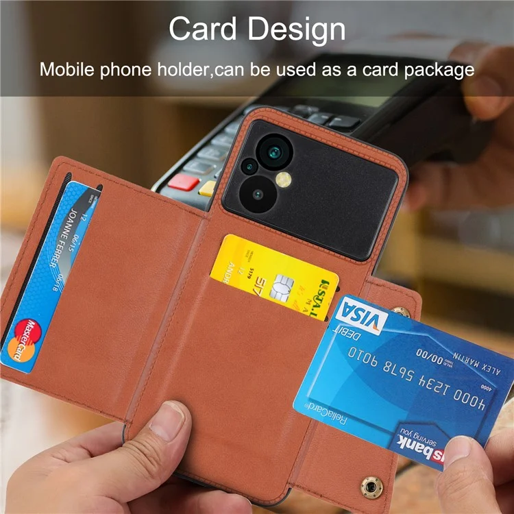 Per Xiaomi Poco M5 4G Dual Button Card Slots Phone Case Supporto magnetico Custodia con rivestimento in pelle e metallo integrato TPU con supporto - Marrone chiaro