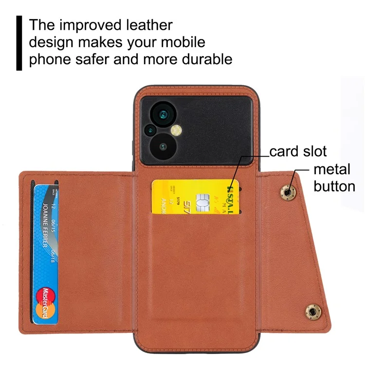 Per Xiaomi Poco M5 4G Dual Button Card Slots Phone Case Supporto magnetico Custodia con rivestimento in pelle e metallo integrato TPU con supporto - Marrone chiaro