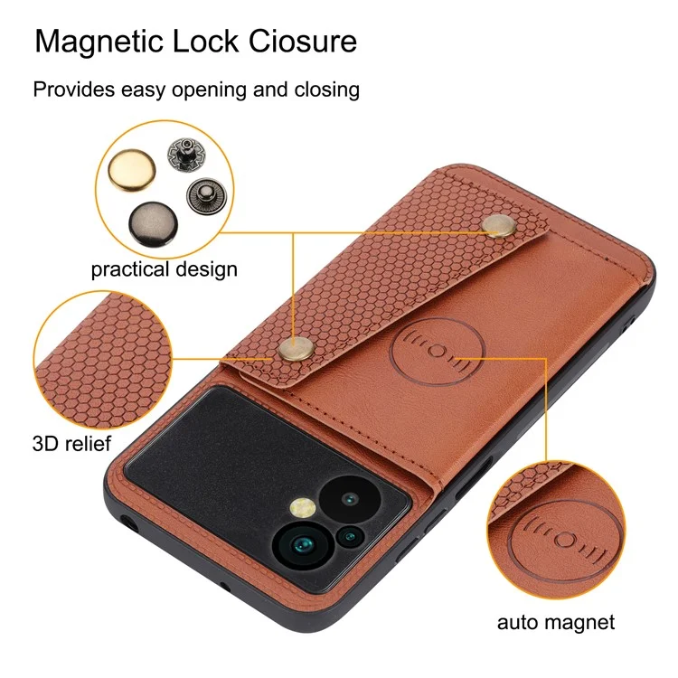Per Xiaomi Poco M5 4G Dual Button Card Slots Phone Case Supporto magnetico Custodia con rivestimento in pelle e metallo integrato TPU con supporto - Marrone chiaro