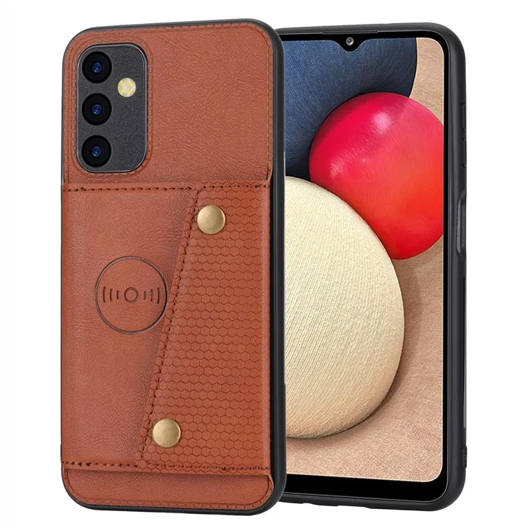 Para Samsung Galaxy A14 5G / A14 4G Dual Button Card Slots Leather Coated TPU Case Car Mount Metal Sheet Kickstand Phone Cover - Light Brown