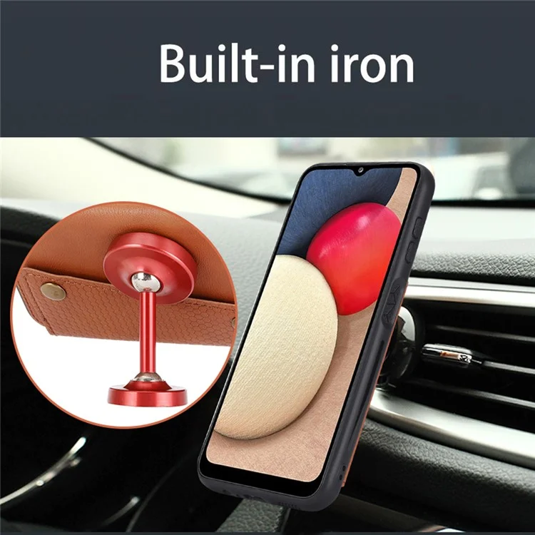 Para Samsung Galaxy A14 5G / A14 4G Dual Button Card Slots Leather Coated TPU Case Car Mount Metal Sheet Kickstand Phone Cover - Light Brown