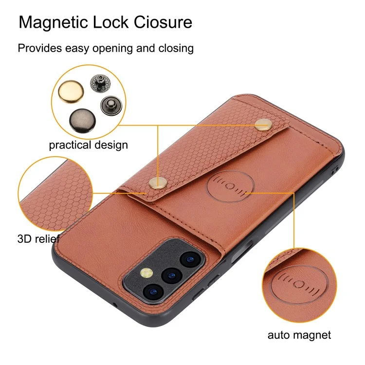 Para Samsung Galaxy A14 5G / A14 4G Dual Button Card Slots Leather Coated TPU Case Car Mount Metal Sheet Kickstand Phone Cover - Light Brown