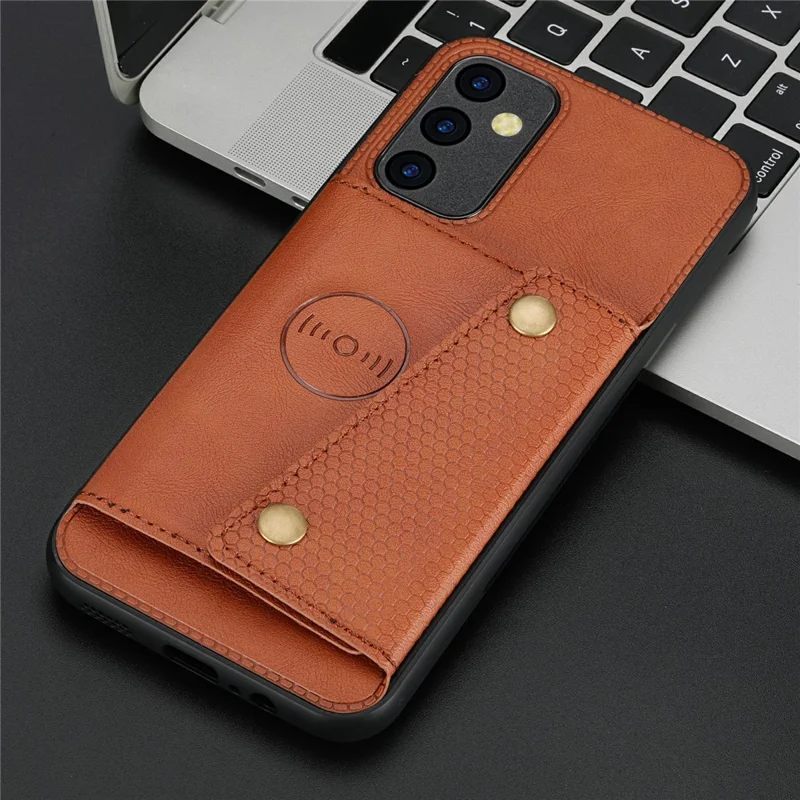 Para Samsung Galaxy A54 5G Dual Button Card Slots Phone Case Kickstand Anti-drop PU Leather Coated TPU Cover with Built-in Metal Sheet - Light Brown