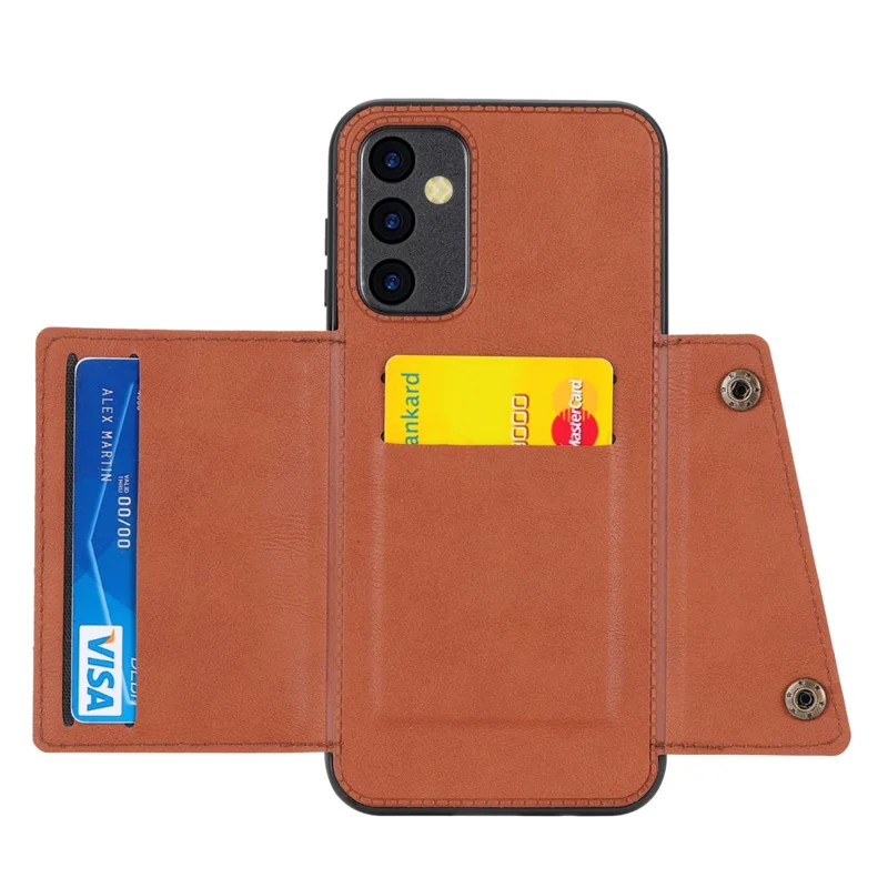 Para Samsung Galaxy A54 5G Dual Button Card Slots Phone Case Kickstand Anti-drop PU Leather Coated TPU Cover with Built-in Metal Sheet - Light Brown