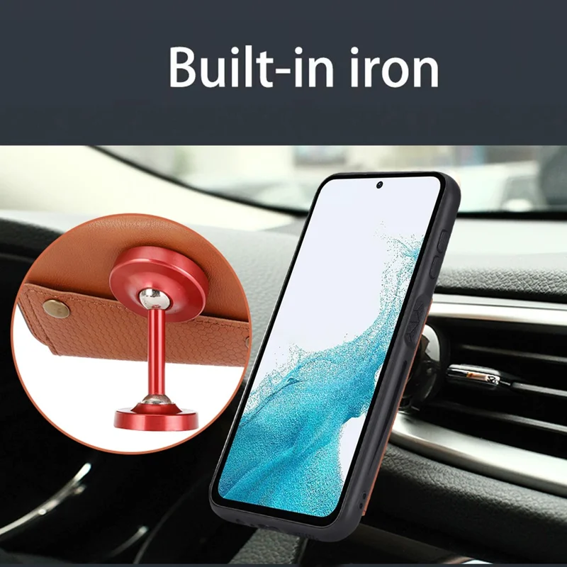 Para Samsung Galaxy A54 5G Dual Button Card Slots Phone Case Kickstand Anti-drop PU Leather Coated TPU Cover with Built-in Metal Sheet - Light Brown