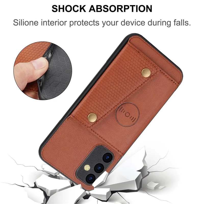 Para Samsung Galaxy A54 5G Dual Button Card Slots Phone Case Kickstand Anti-drop PU Leather Coated TPU Cover with Built-in Metal Sheet - Light Brown