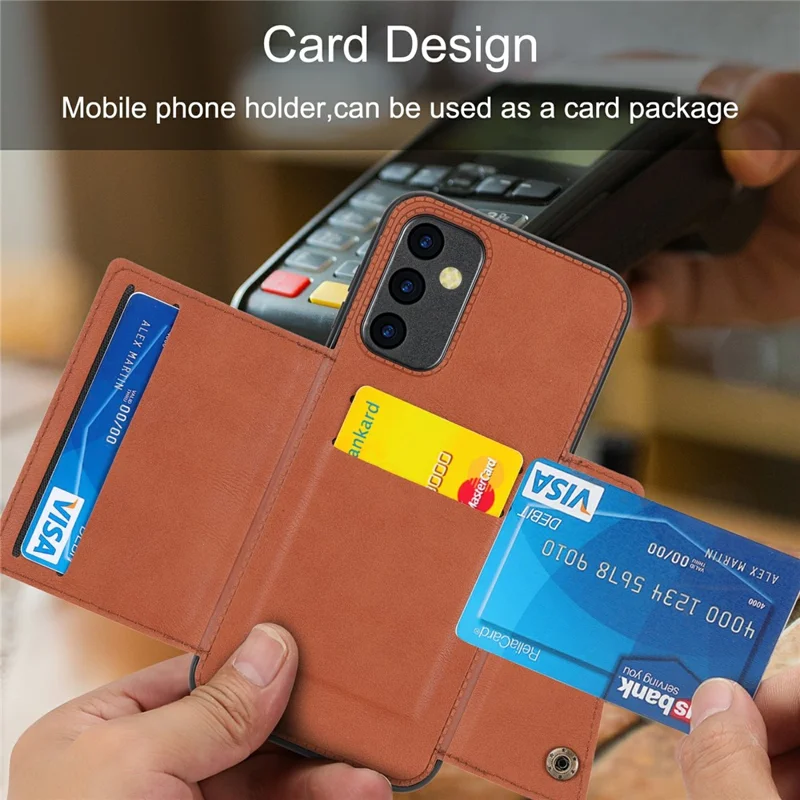 Para Samsung Galaxy A54 5G Dual Button Card Slots Phone Case Kickstand Anti-drop PU Leather Coated TPU Cover with Built-in Metal Sheet - Light Brown