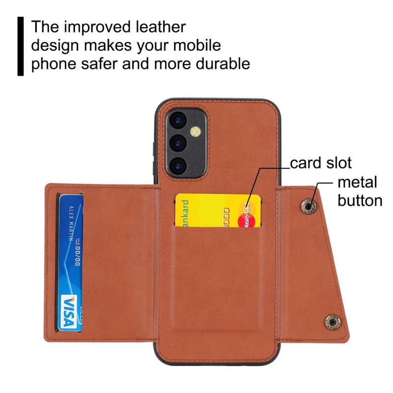 Para Samsung Galaxy A54 5G Dual Button Card Slots Phone Case Kickstand Anti-drop PU Leather Coated TPU Cover with Built-in Metal Sheet - Light Brown