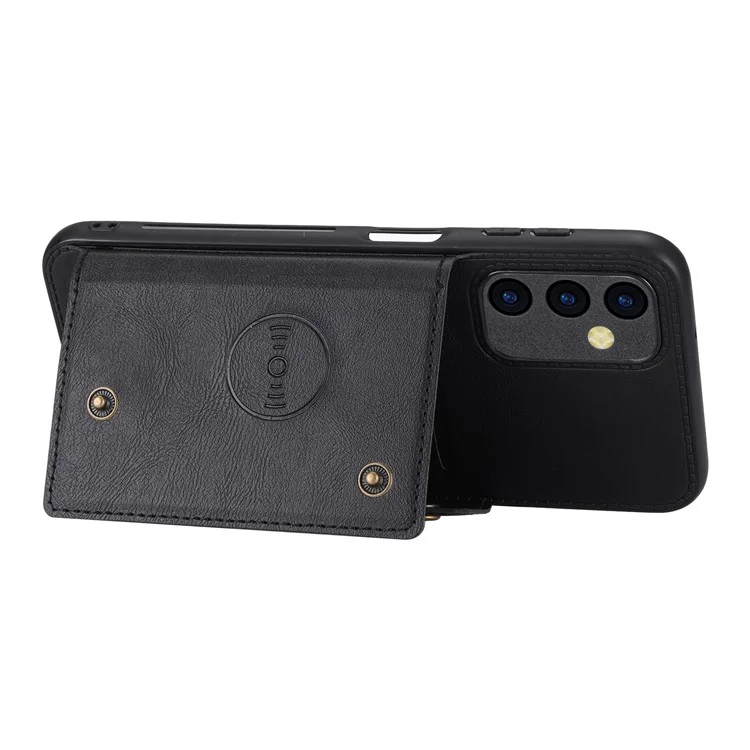 Für Samsung Galaxy A54 5G Dual Button Card Slots Phone Case Kickstand Anti-drop PU Leather Coated TPU Cover with Built-in Metal Sheet - Schwarz