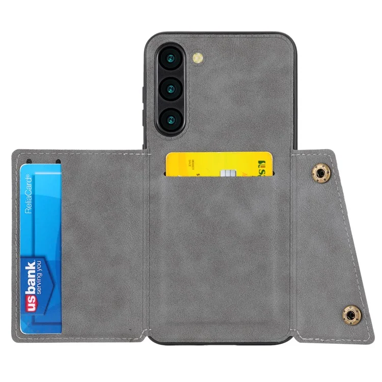Para Samsung Galaxy S23 Dual Button Card Holder PU Leather Coated TPU Kickstand Case com Car Mount Metal Sheet - Cinza