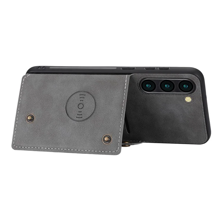 Para Samsung Galaxy S23 Dual Button Card Holder PU Leather Coated TPU Kickstand Case com Car Mount Metal Sheet - Cinza