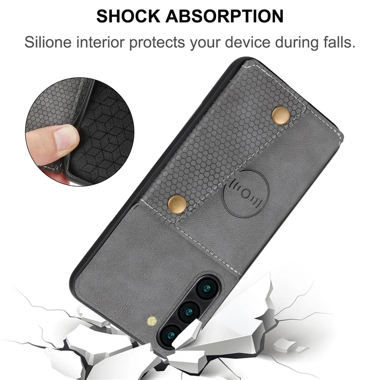 Para Samsung Galaxy S23 Dual Button Card Holder PU Leather Coated TPU Kickstand Case com Car Mount Metal Sheet - Cinza