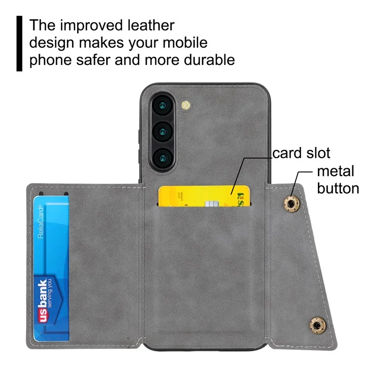 Para Samsung Galaxy S23 Dual Button Card Holder PU Leather Coated TPU Kickstand Case com Car Mount Metal Sheet - Cinza