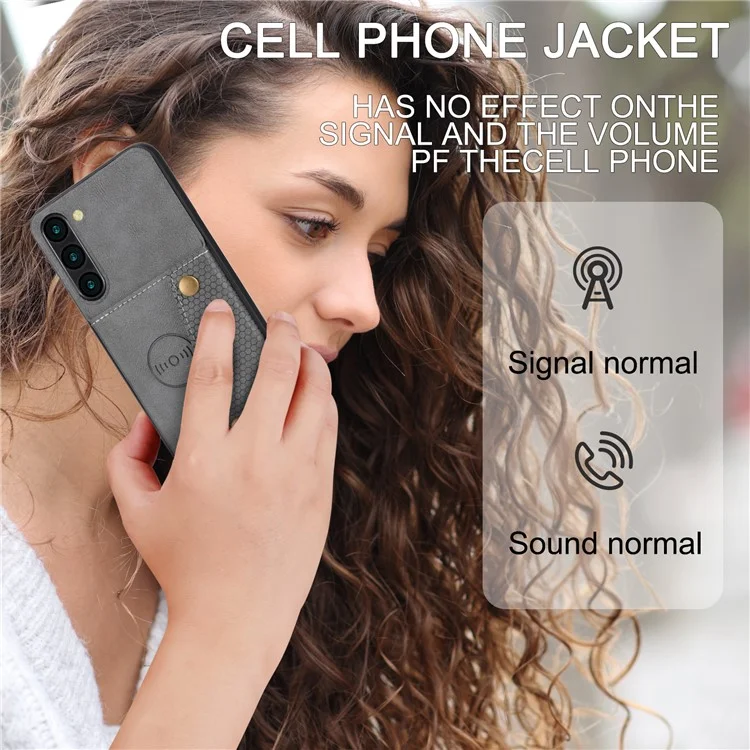 Para Samsung Galaxy S23 Dual Button Card Holder PU Leather Coated TPU Kickstand Case com Car Mount Metal Sheet - Cinza