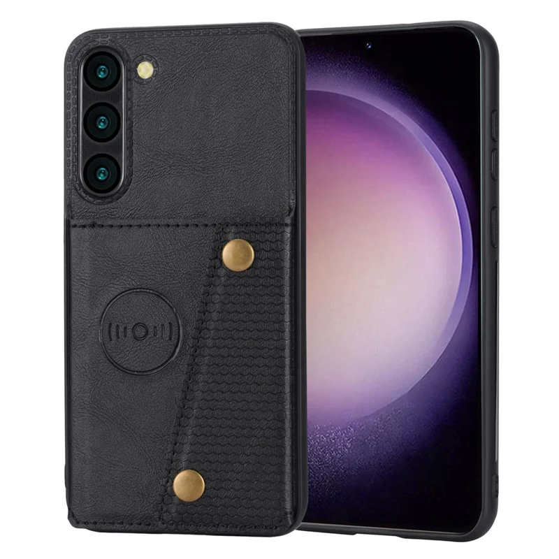 Til Samsung Galaxy S23 Dobbelt Knap Kort Holder PU Læder Belagt TPU Ståstand Med Metalplade Til Bilmontage - Sort