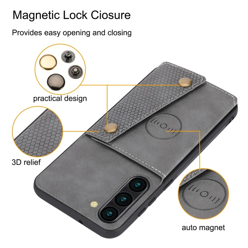 Til Samsung Galaxy S23 Dobbelt Knap Kort Holder PU Læder Belagt TPU Ståstand Med Metalplade Til Bilmontage - Sort