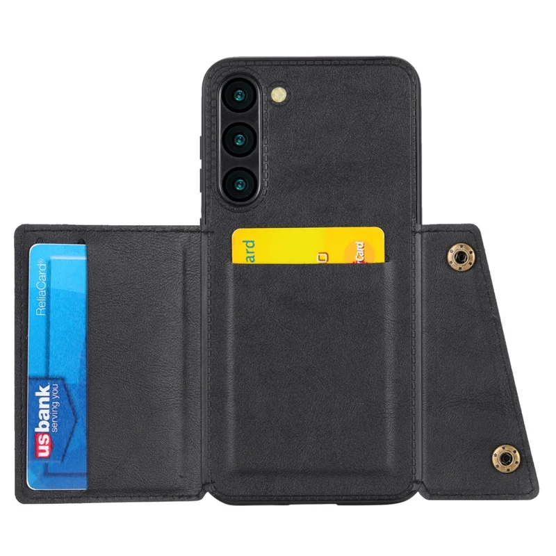 Til Samsung Galaxy S23 Dobbelt Knap Kort Holder PU Læder Belagt TPU Ståstand Med Metalplade Til Bilmontage - Sort