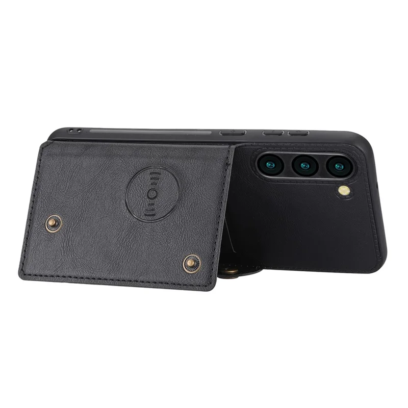 Til Samsung Galaxy S23 Dobbelt Knap Kort Holder PU Læder Belagt TPU Ståstand Med Metalplade Til Bilmontage - Sort