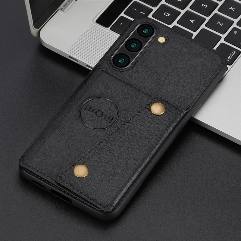 Til Samsung Galaxy S23 Dobbelt Knap Kort Holder PU Læder Belagt TPU Ståstand Med Metalplade Til Bilmontage - Sort