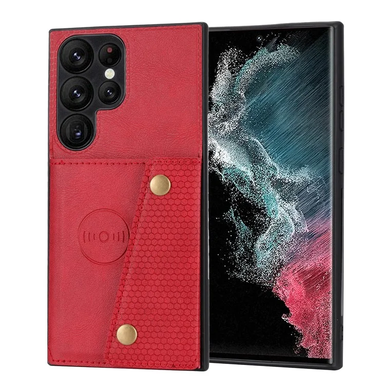 For Samsung Galaxy S23 Ultra PU Leather Coated TPU Back Case Card Slots Kickstand Phone Shockproof Cover with Built-in Metal Sheet - Red