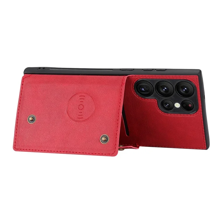 For Samsung Galaxy S23 Ultra PU Leather Coated TPU Back Case Card Slots Kickstand Phone Shockproof Cover with Built-in Metal Sheet - Red