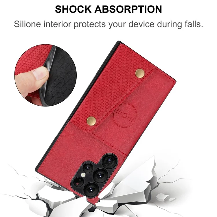 For Samsung Galaxy S23 Ultra PU Leather Coated TPU Back Case Card Slots Kickstand Phone Shockproof Cover with Built-in Metal Sheet - Red