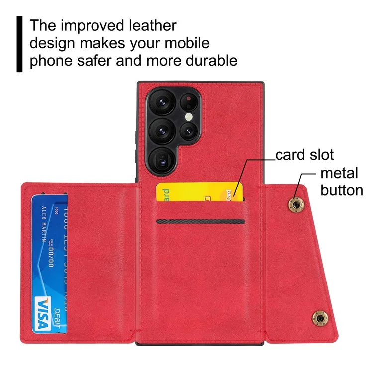For Samsung Galaxy S23 Ultra PU Leather Coated TPU Back Case Card Slots Kickstand Phone Shockproof Cover with Built-in Metal Sheet - Red